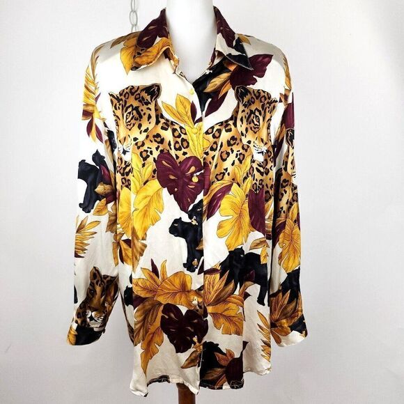 VTG 80s JESSICA HOLBROOK Silk Blouse Black Panther Cheetah Print Shoulder Pads L - Picture 1 of 8